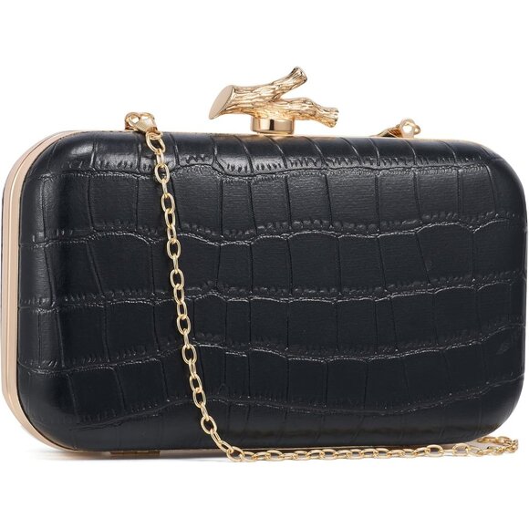 Women's Black Crocodile Leather Formal Evening Shoulder Clutch Chain Strap Bag - Picture 2 of 6